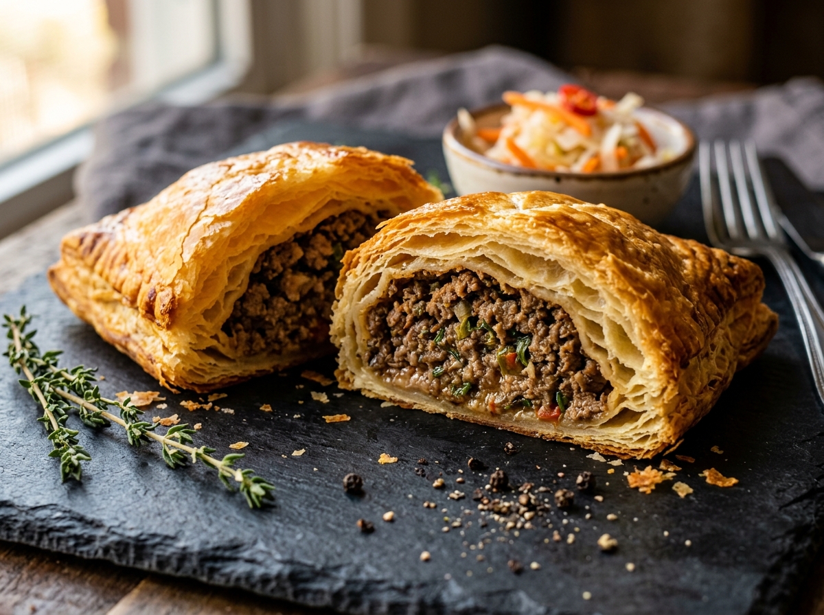 Haitian Ground Beef Pâté sliced open with spiced minced meat filling