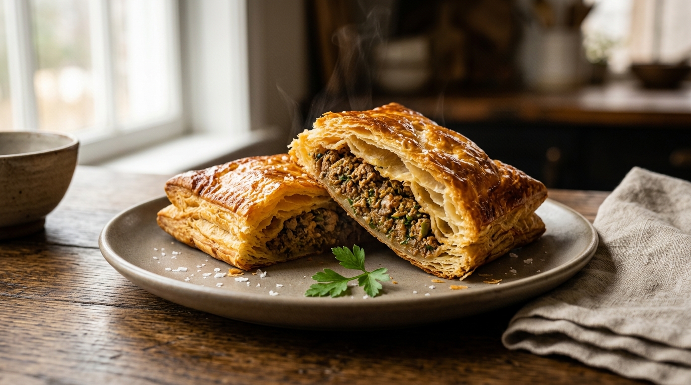 Freshly baked Caribbean pâté sliced open showing savory seasoned filling and flaky buttery layers