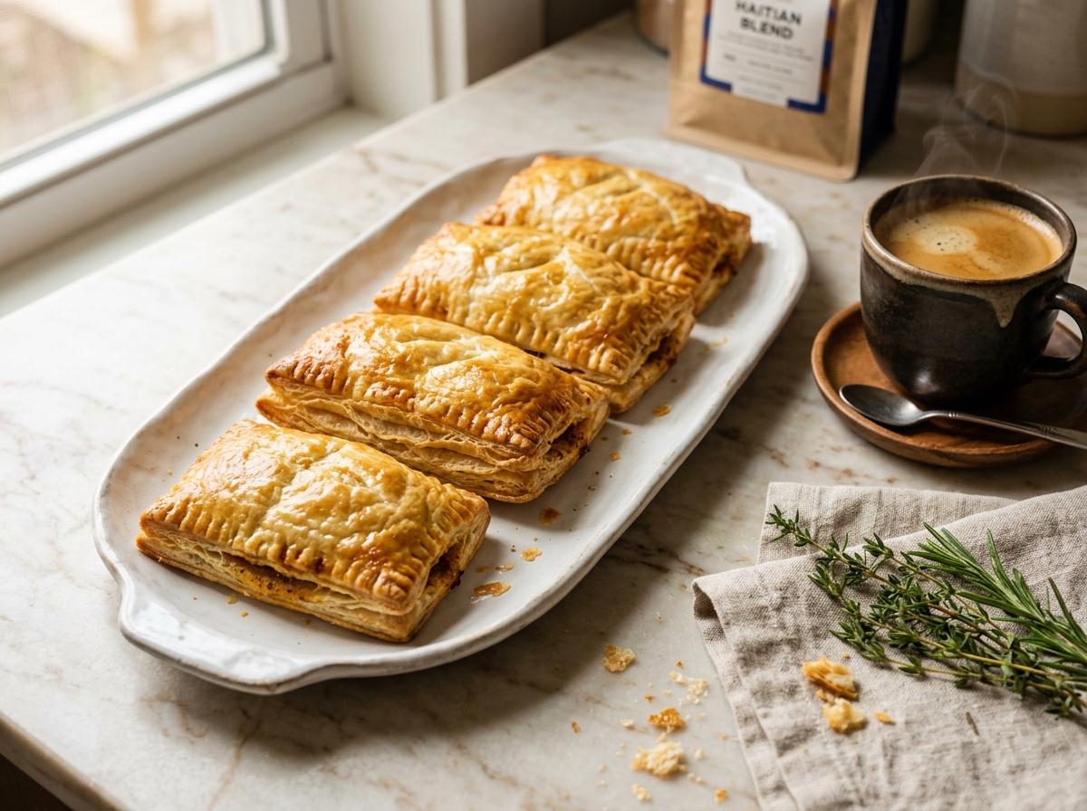 Artisanal platter of freshly baked golden Caribbean pâtés with coffee