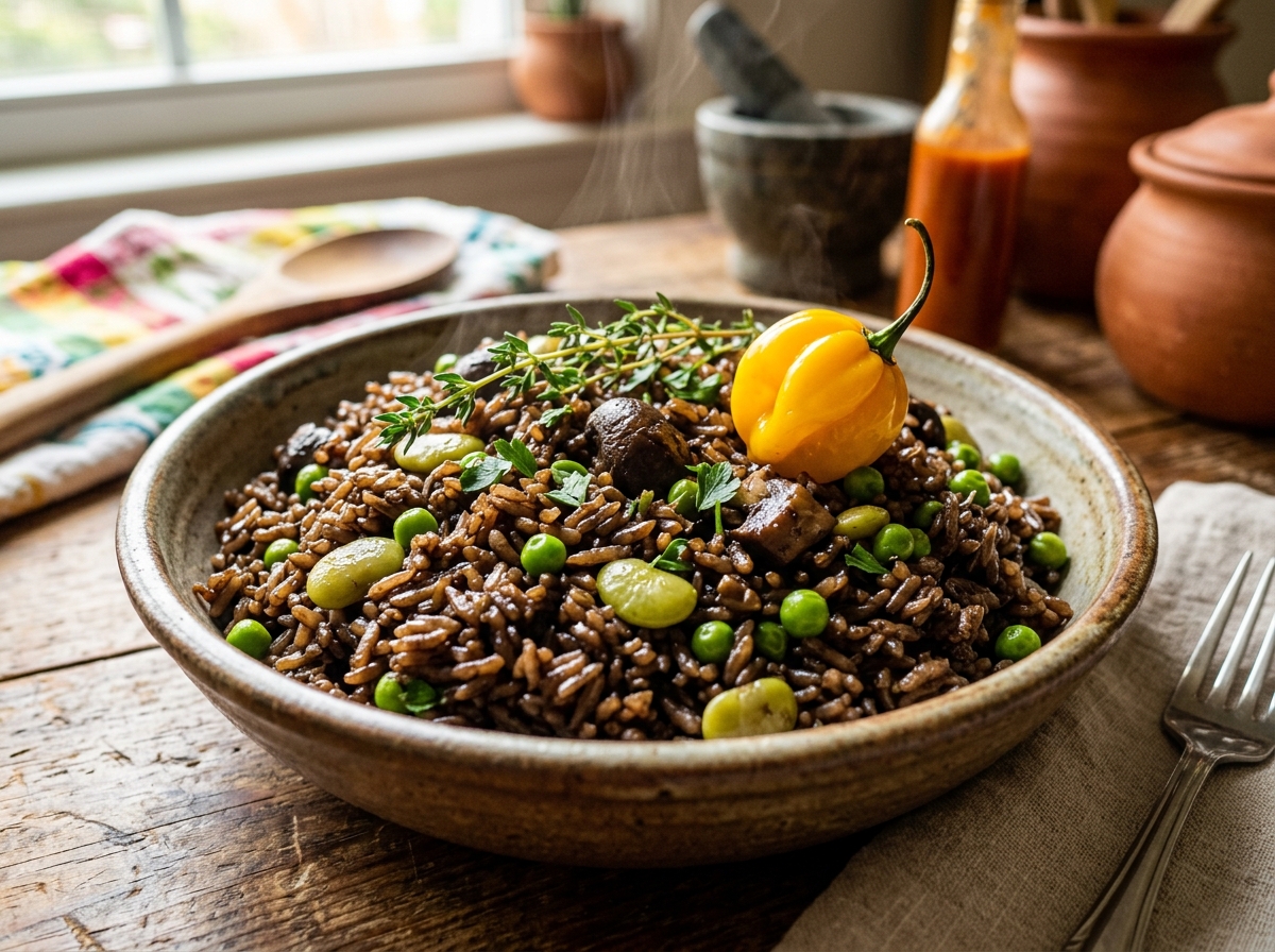 Authentic Haitian Diri ak Djon Djon black mushroom rice