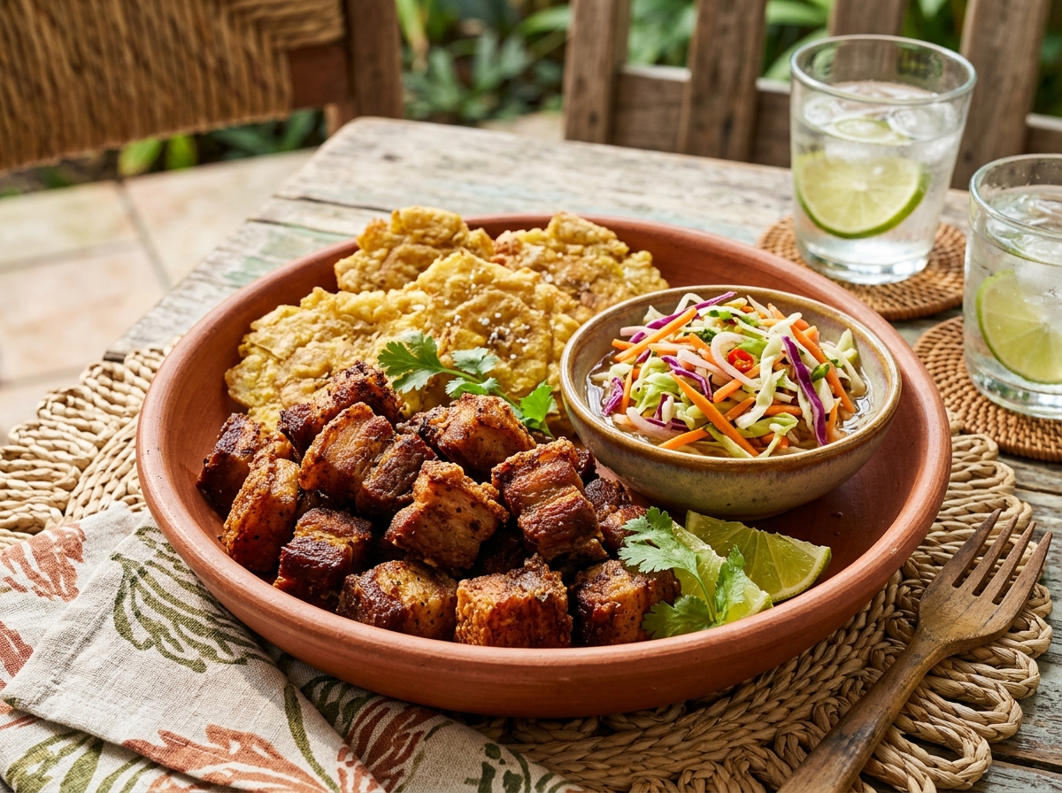 Authentic Haitian Griot with spicy Pikliz and fried plantains