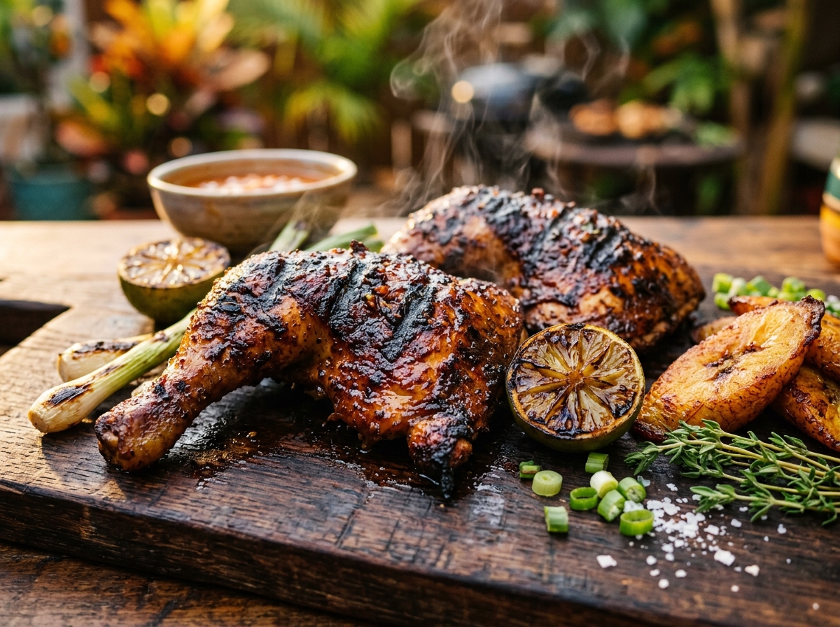 Char-grilled Jamaican Jerk Chicken with jerk glaze and sweet plantains