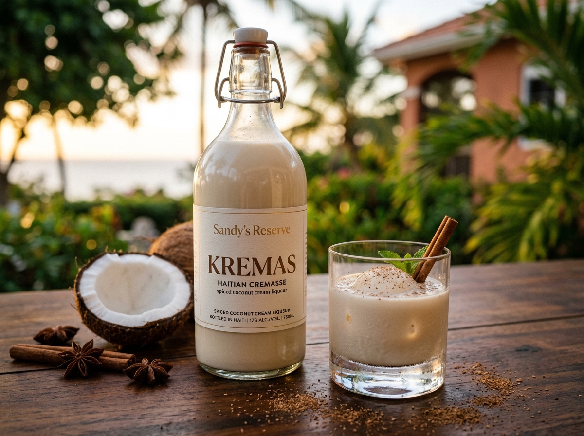 Sandy's Reserve Kremas bottle and tumbler glass