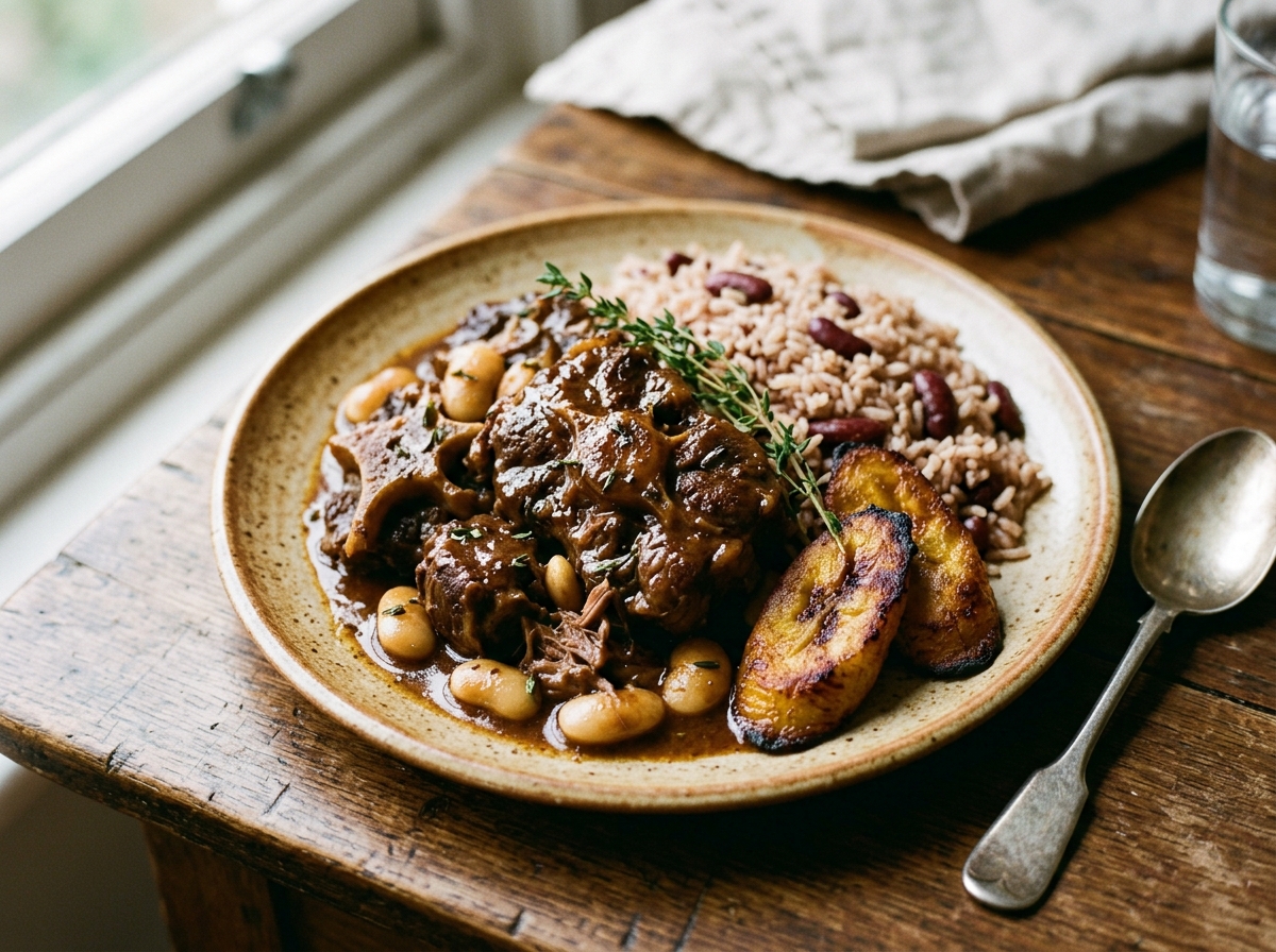 Jamaican Braised Oxtail & Butter Beans with rice and peas