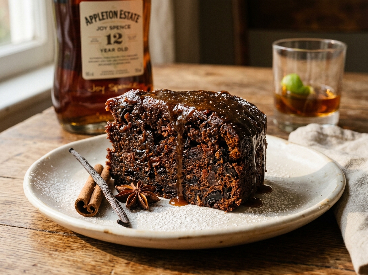 Slice of Caribbean Dark Rum Cake with rum glaze